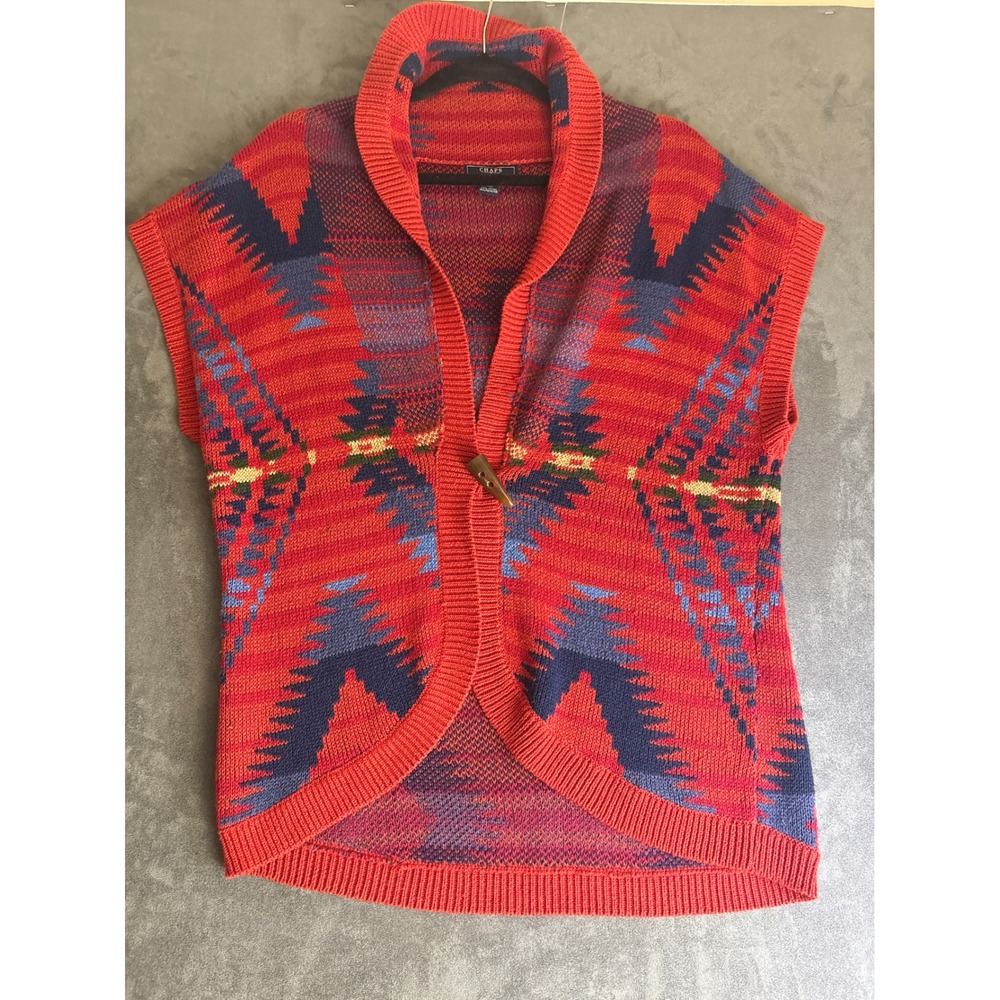 Chaps Southwestern Knit Vest Red Blue Geometric Shawl Collar Toggle Large